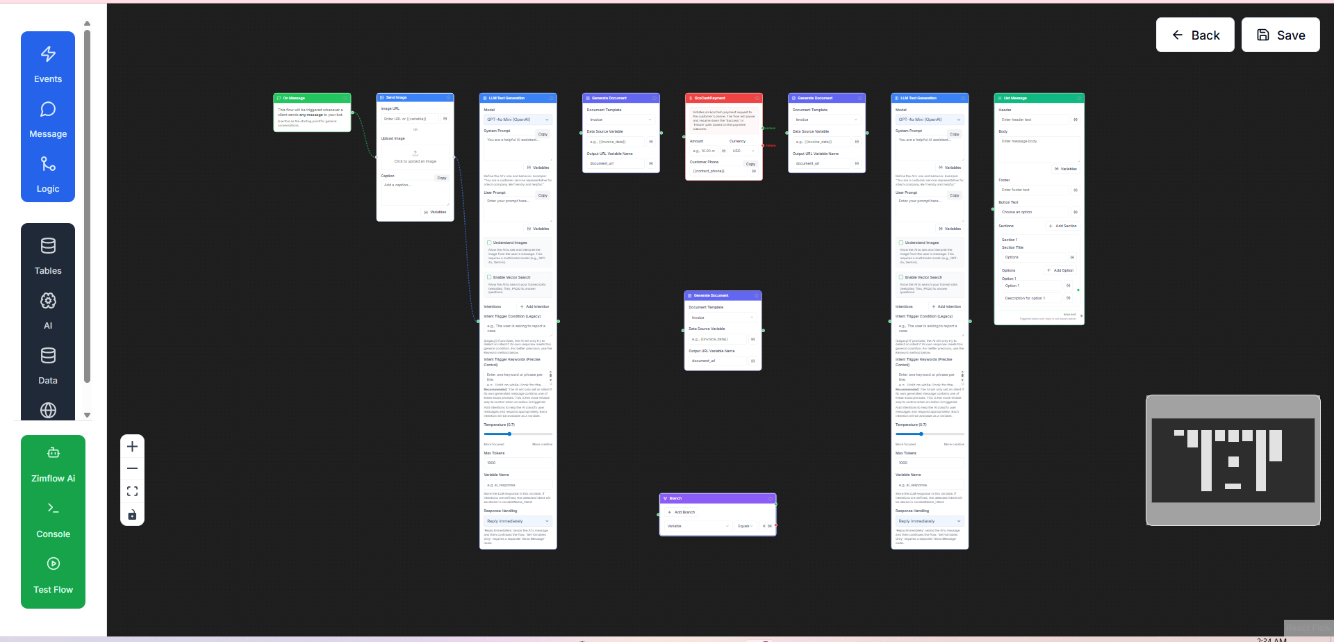 Zimflow AI WhatsApp Chatbot Builder Interface showing conversation flows